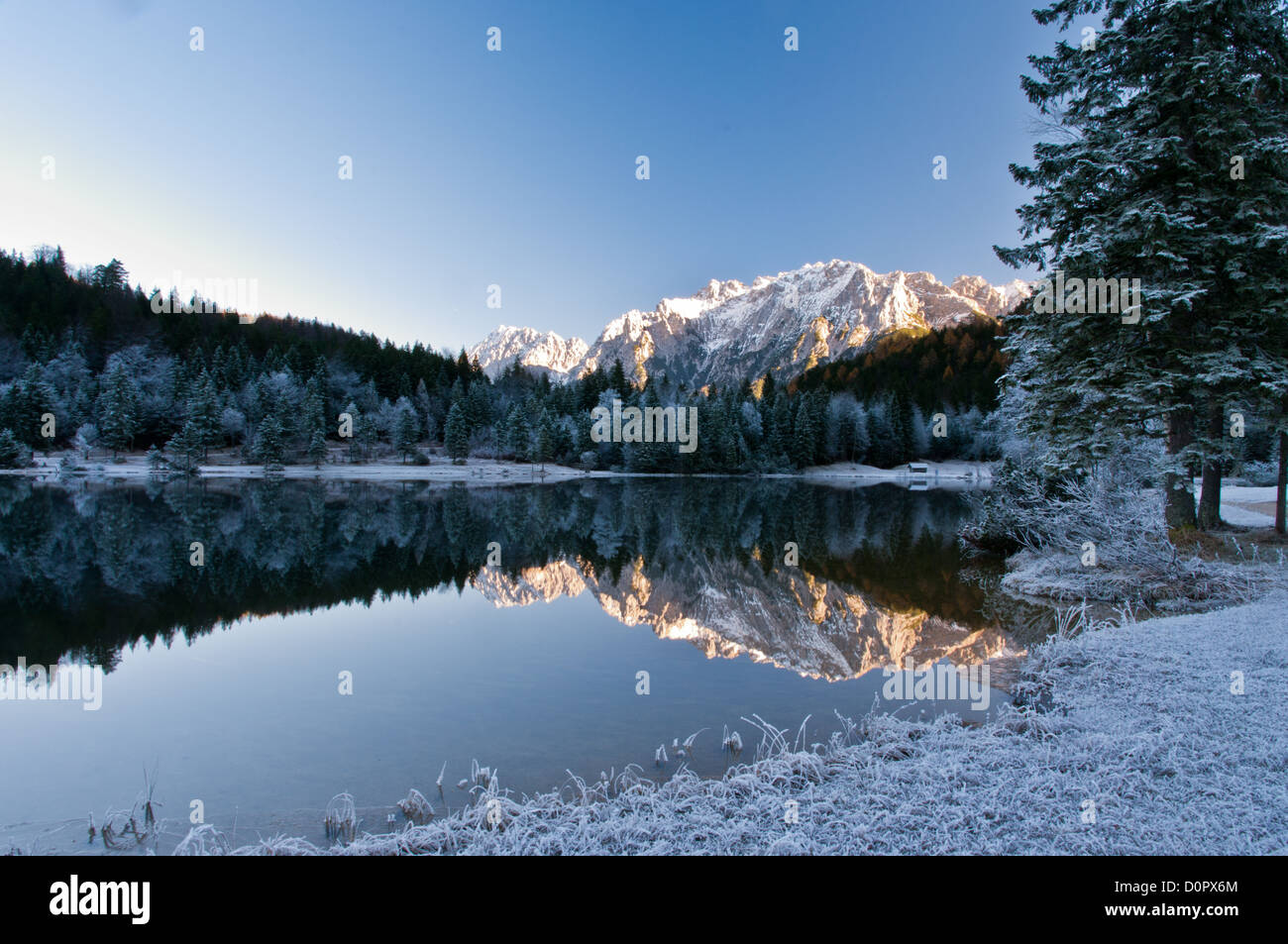 Reflection of Karwendel mountain on lake Ferchensee Stock Photo