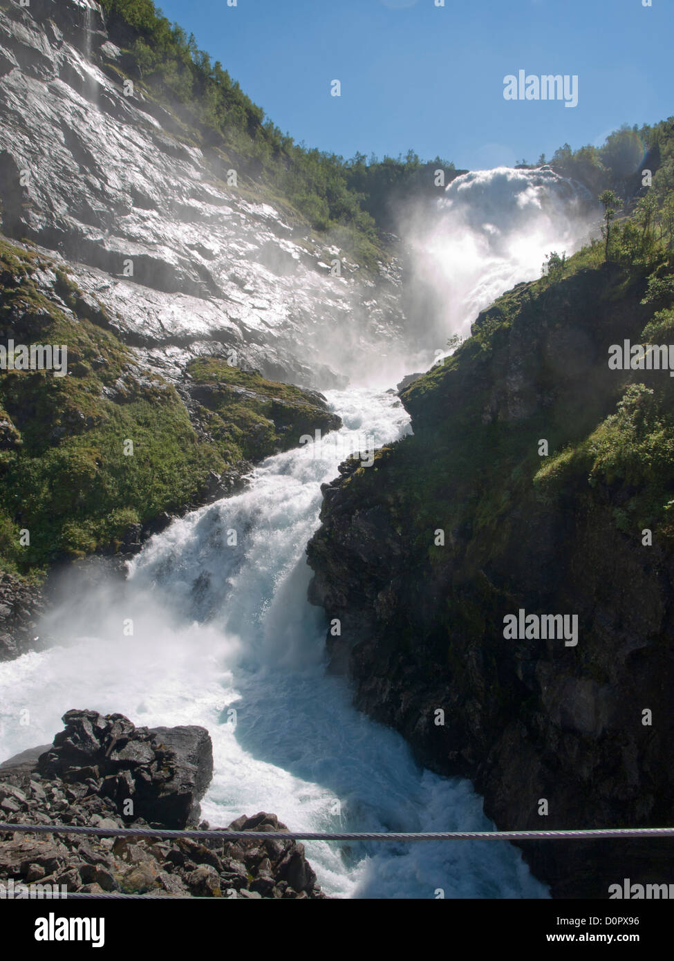 Kjosfossen Flåm valley, a waterfall and photo stop on the Flåm scenic railway line from fjord to mountains in Norway Stock Photo