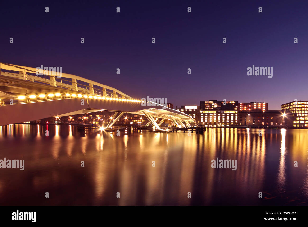 City scenic from Amsterdam with the Jan Schaefer bridge by night in the Netherlands Stock Photo