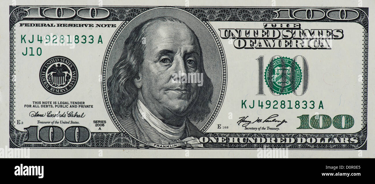 closeup of one hundred dollar bill US with Benjamin Franklin portrait Stock Photo