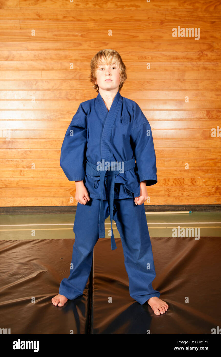 Boy standing looking directly at camera, training in kiaido Ryu Martial arts Stock Photo