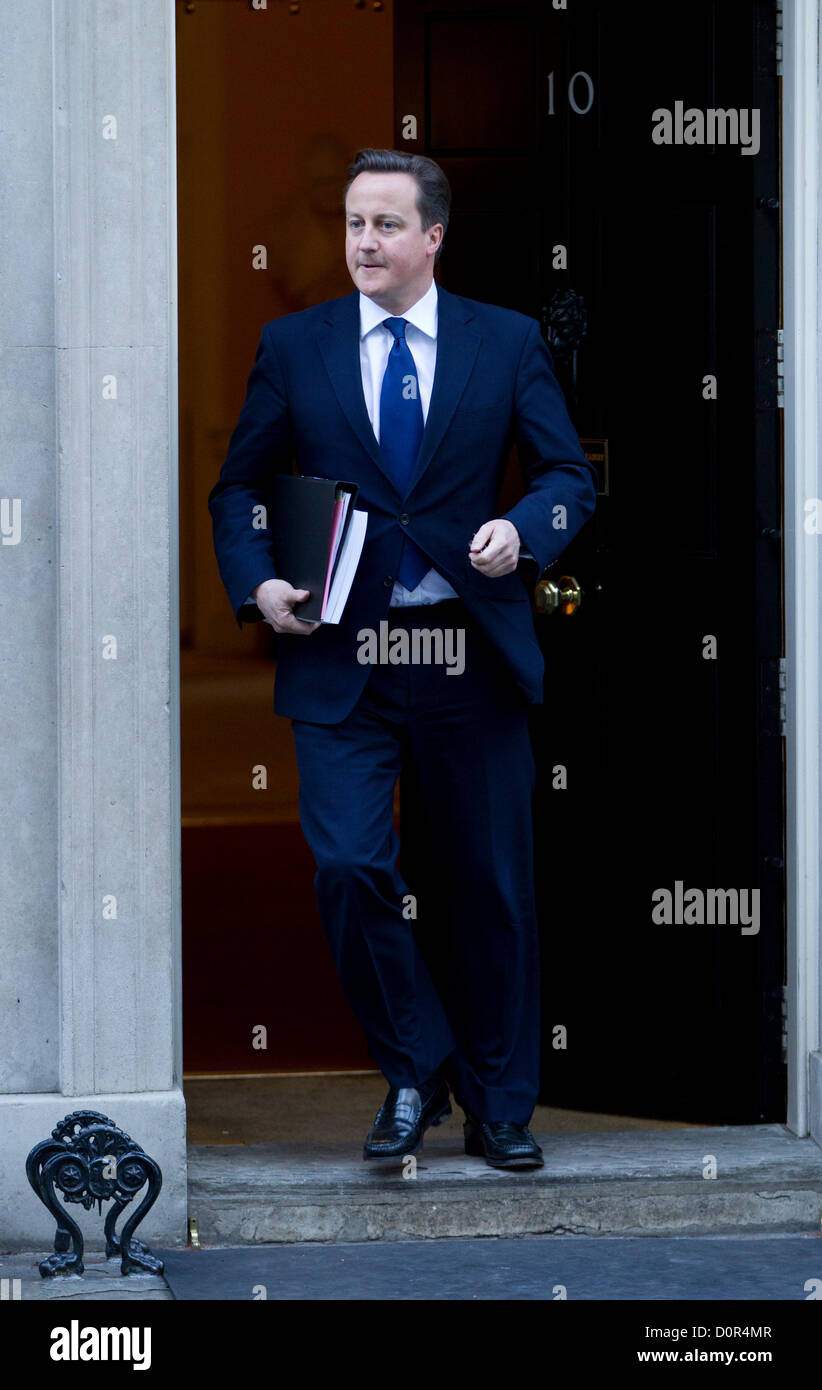 London UK 29 November 2012, British Prime Minister David Cameron leaves number 10 Downing Street, Cameron suffered his significant parliamentary defeat on The Leveson Inquiry, Stock Photo