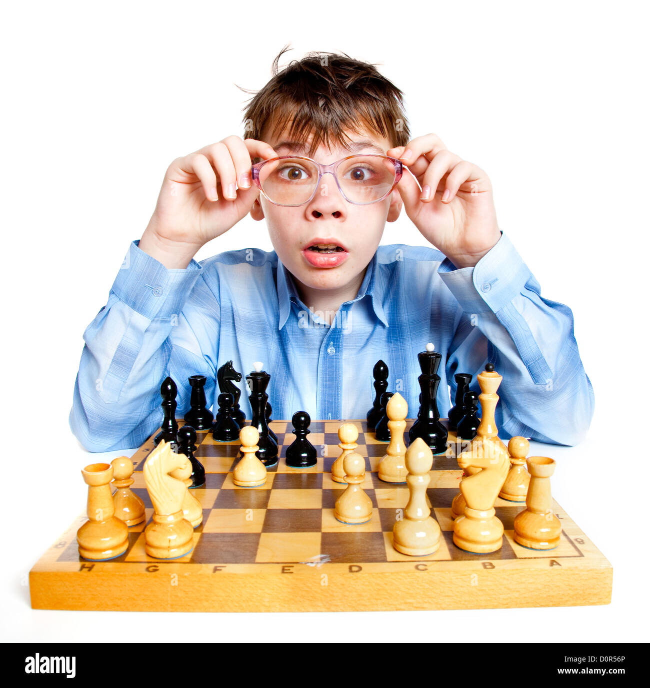 Nerd play chess Stock Photo