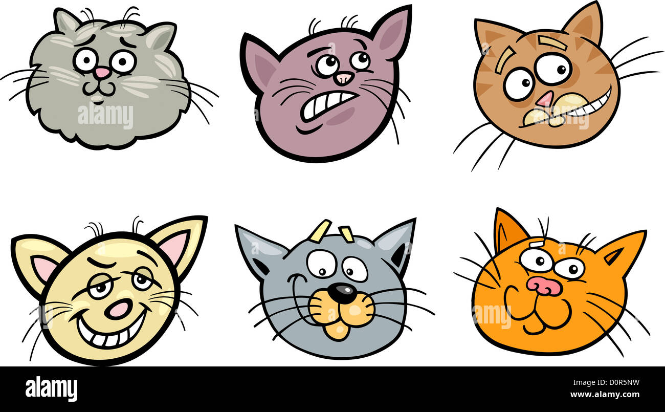 Cartoon Illustration of funny Cats ot Kittens Heads Collection Set