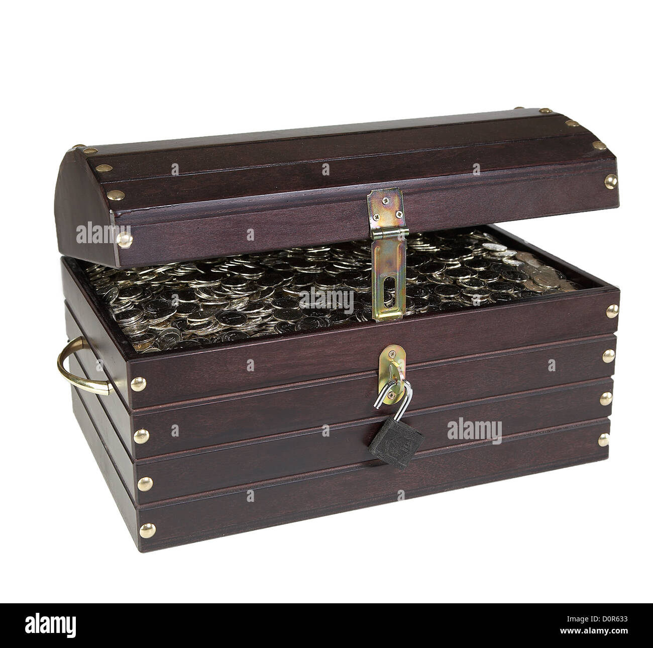 Chest with silver coins Stock Photo Alamy