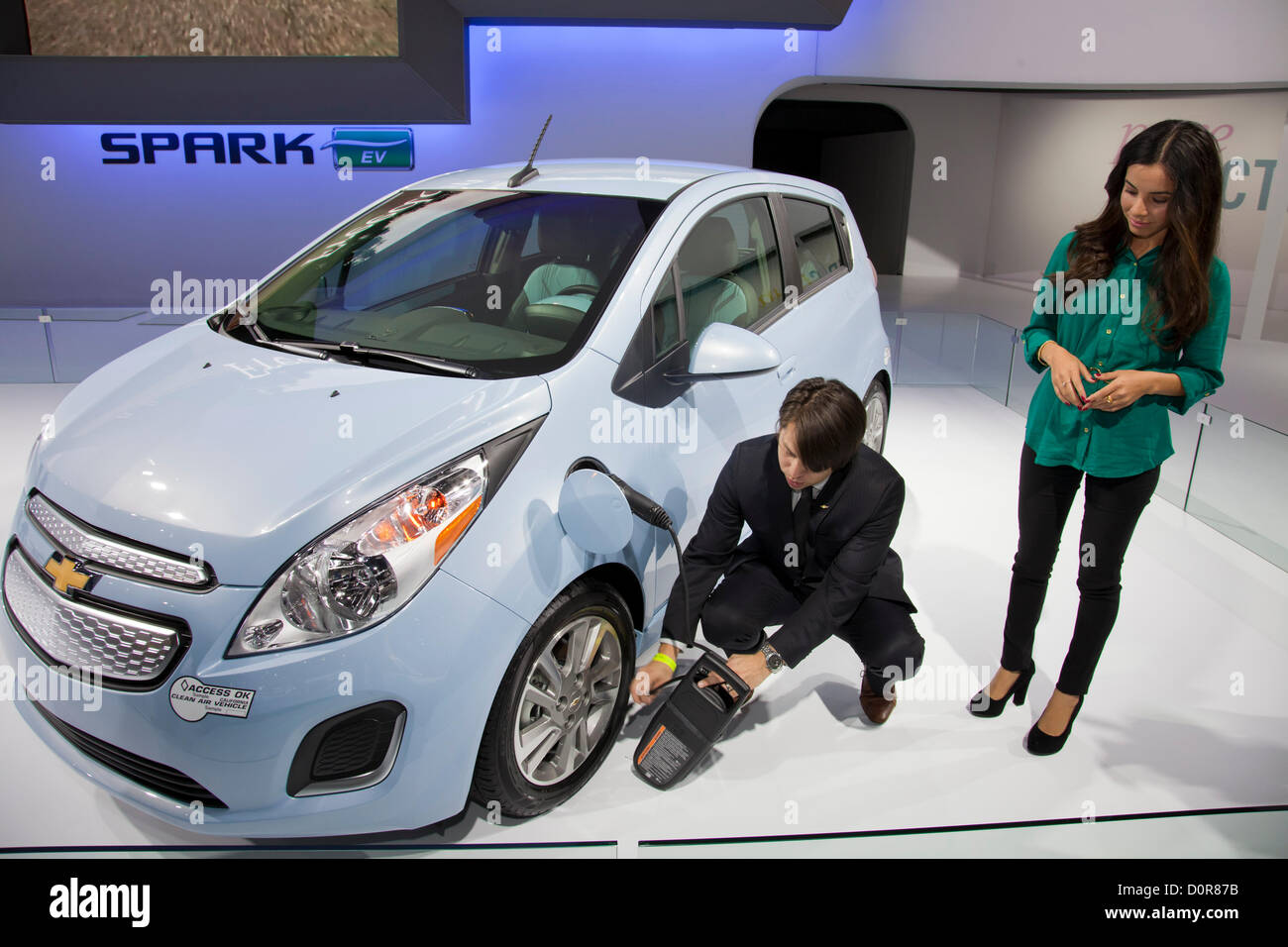 2013 Chevy Spark EV. New 2013 Electric and Hybrid Green cars are featured at the Los Angeles Auto show on November 29, 2012. Los Angeles Convention Center, California, USA Stock Photo