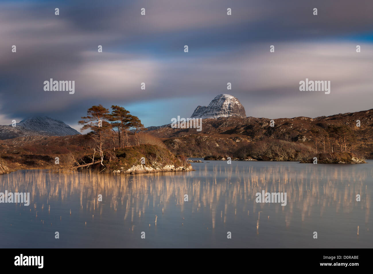 Loch Druim Suardalain with Mts Canisp & Suilven dusted in snow, Sutherland, Scotland Stock Photo