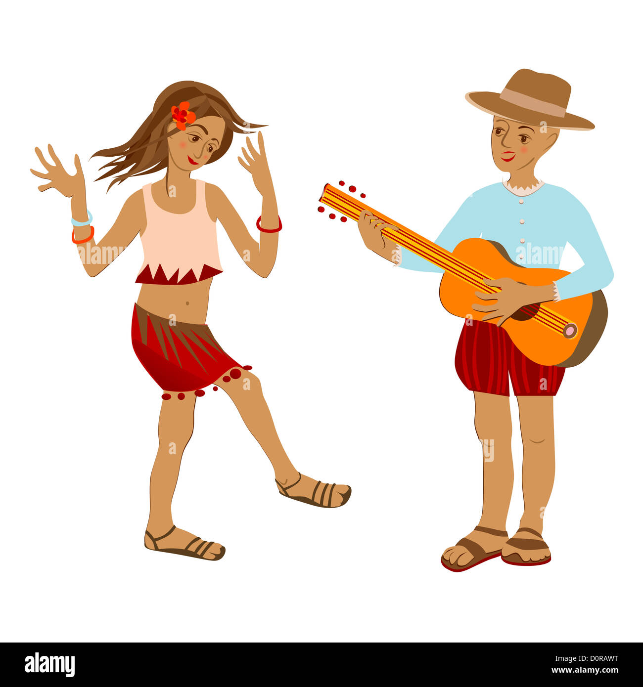 two children against white with retro costumes and a guitar Stock Photo