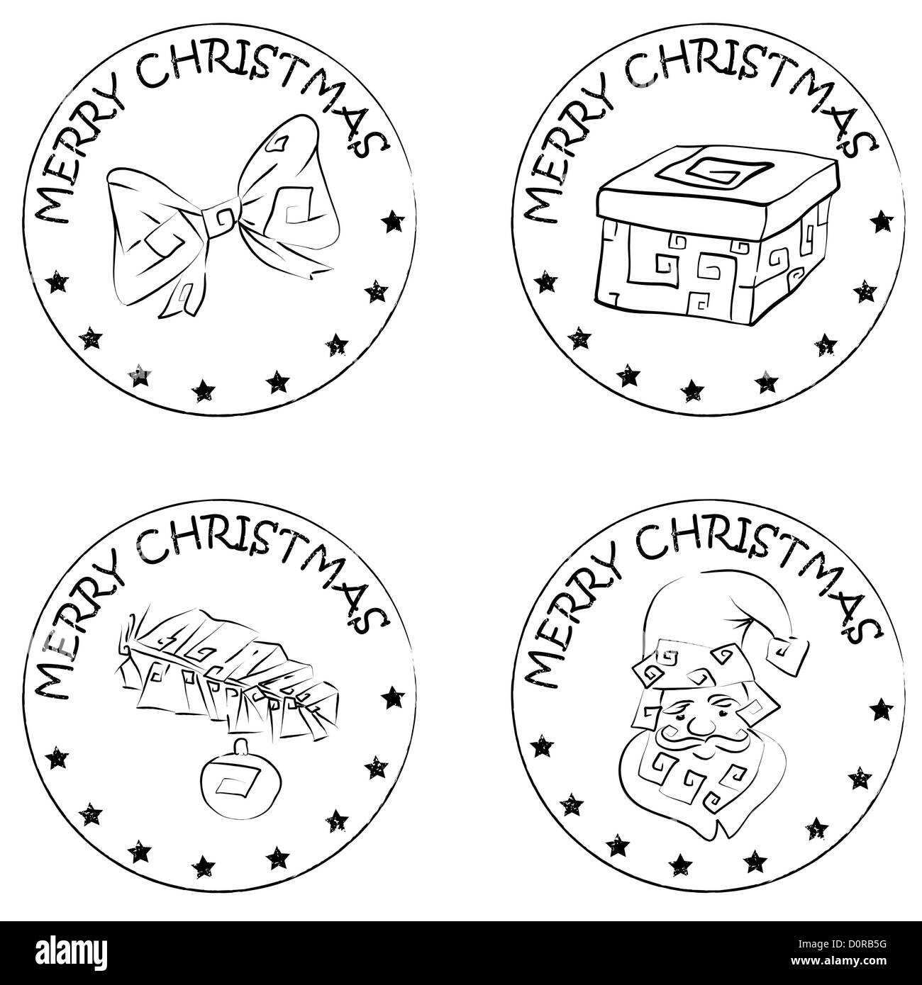 4 christmas coin stamps santa present pine branch bow Stock Photo