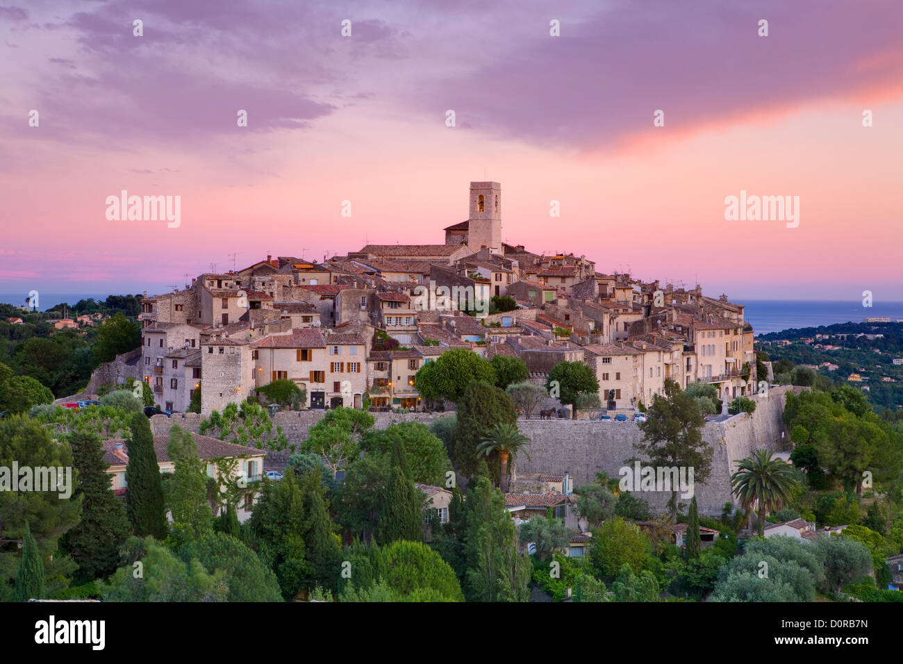 The picturesque hilltop village of StPauldeVence illuminated at