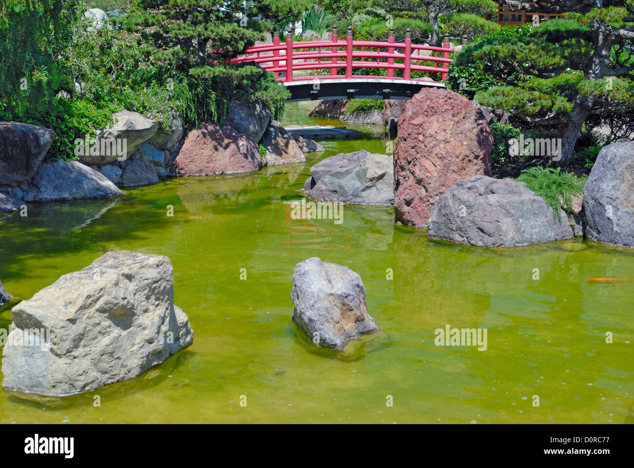 Japanese red bridge in zen garden Stock Photo