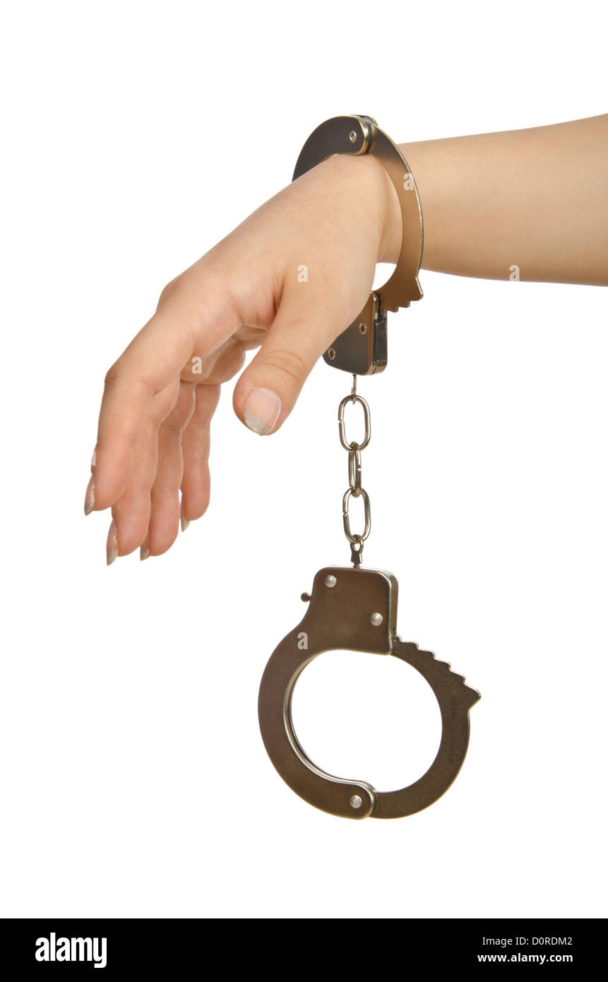 Handcuffed hands on white background Stock Photo