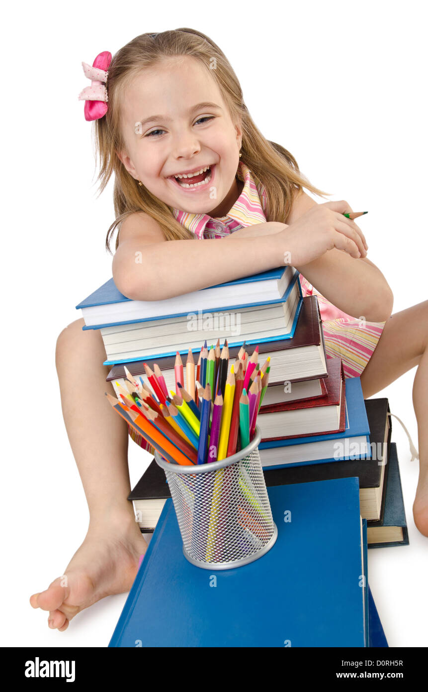 Little girl with books on white Stock Photo - Alamy
