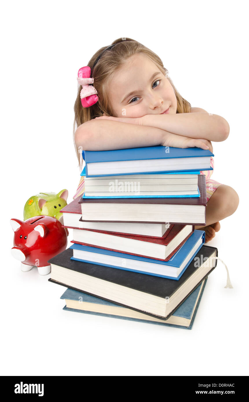 Little girl with books on white Stock Photo - Alamy