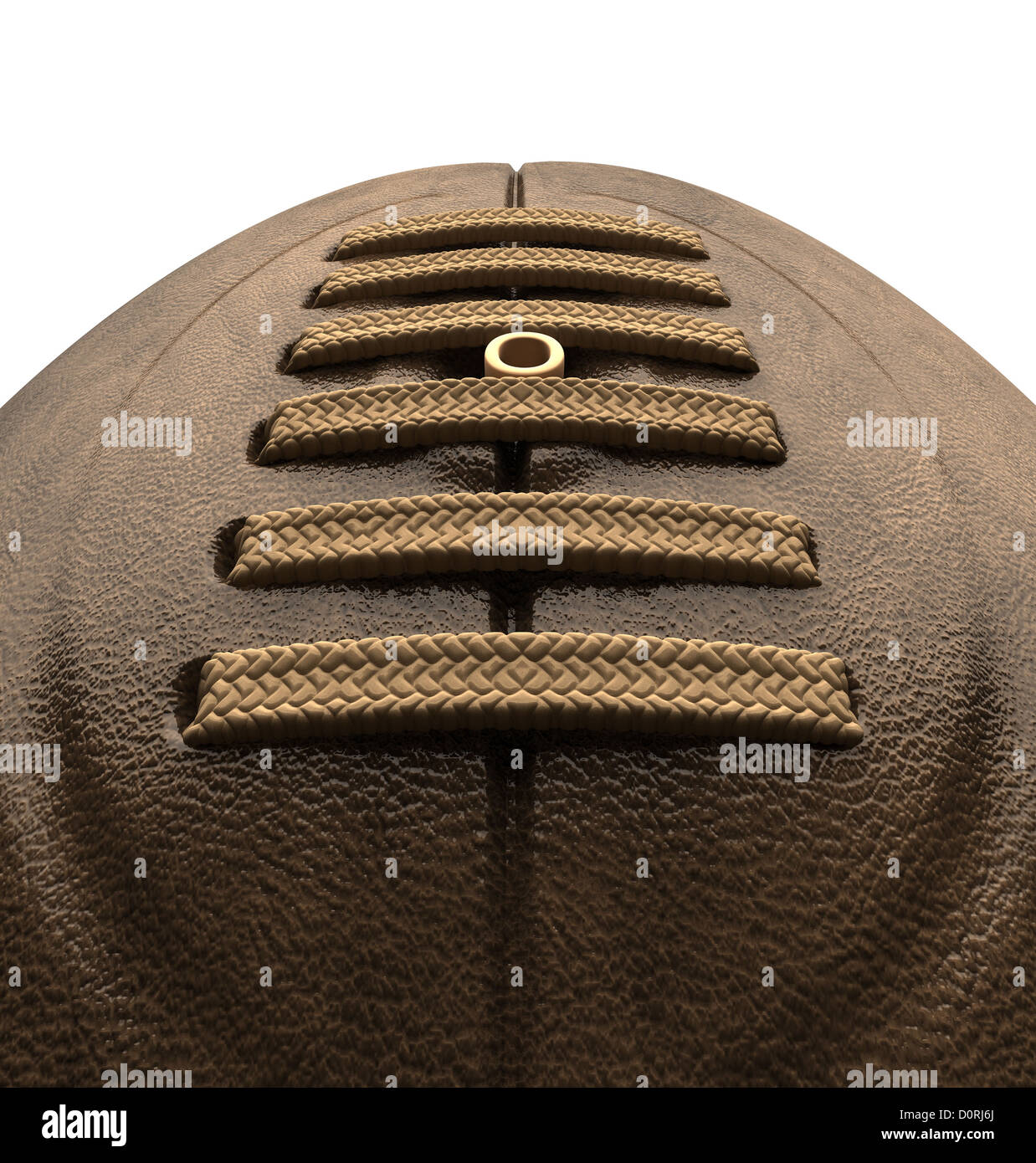 An closeup of old classic leather rugby ball with laces and stitching