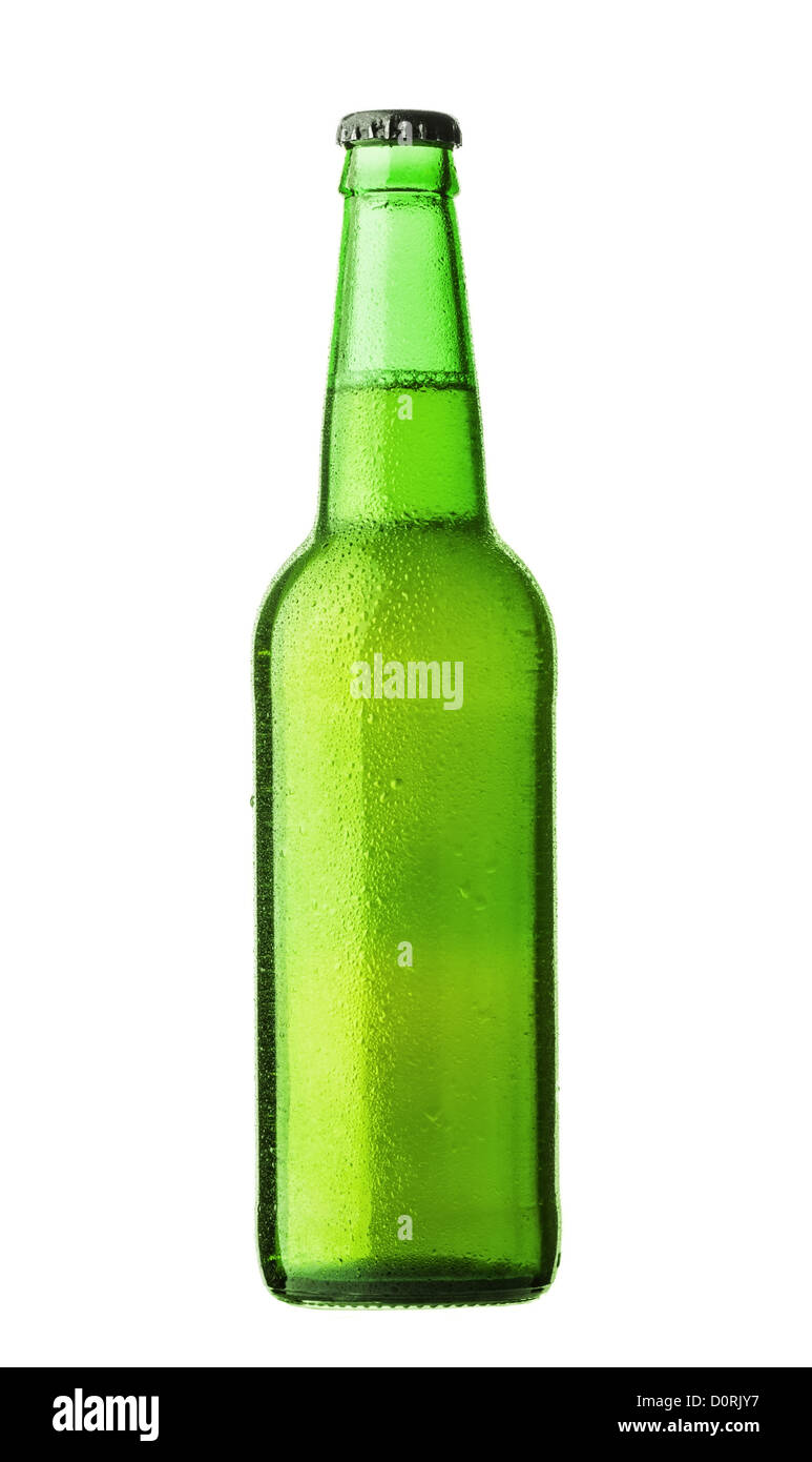 Bottle of beer with drops on white background Stock Photo