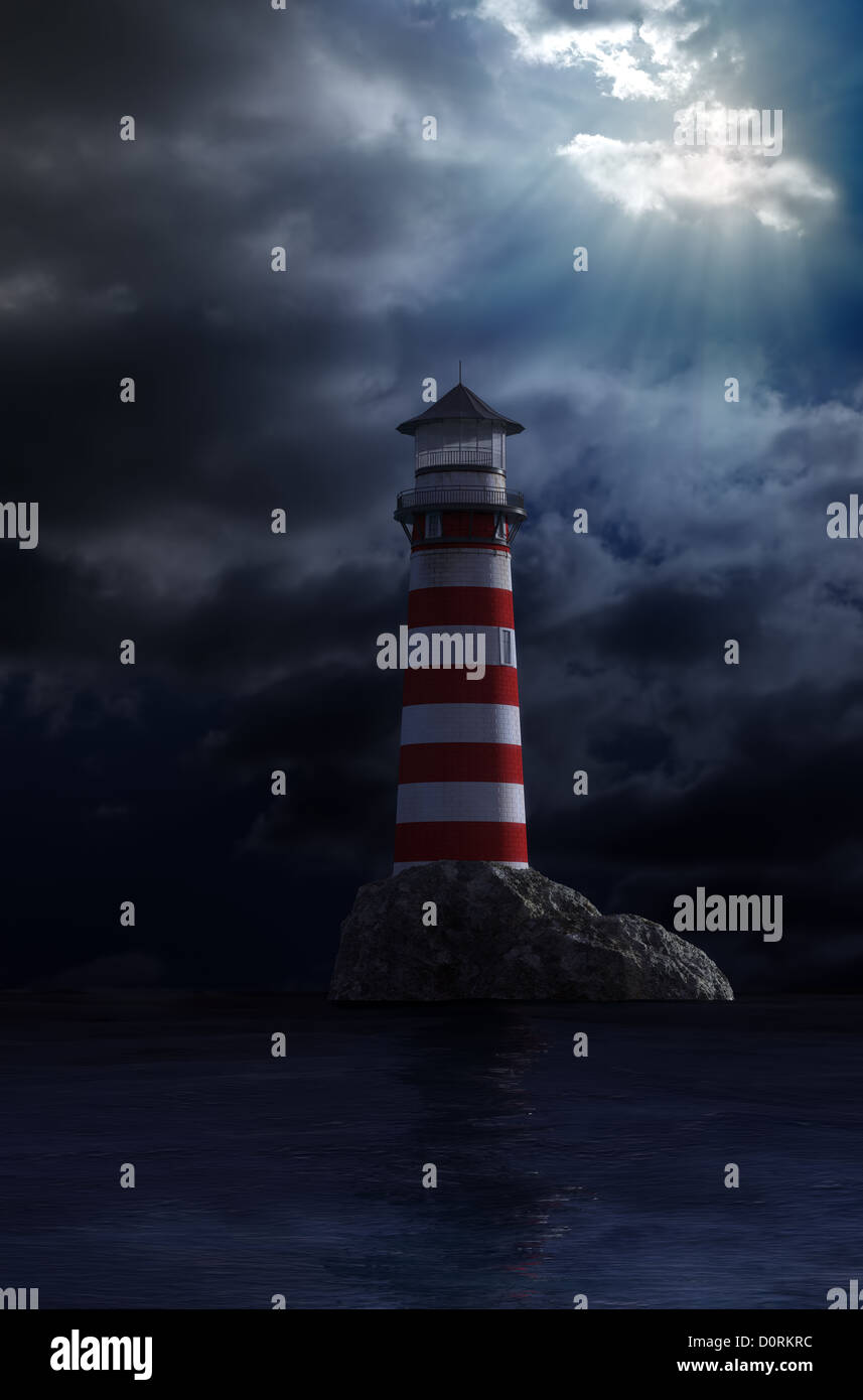 red and white old lighthouse Stock Photo