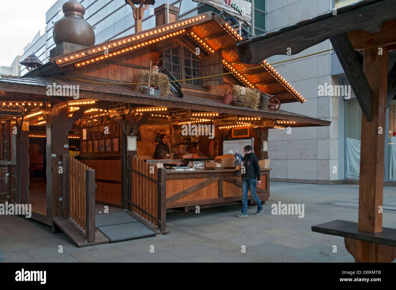Christmas Market stalls, New Cathedral Street, Manchester, England, UK Stock Photo