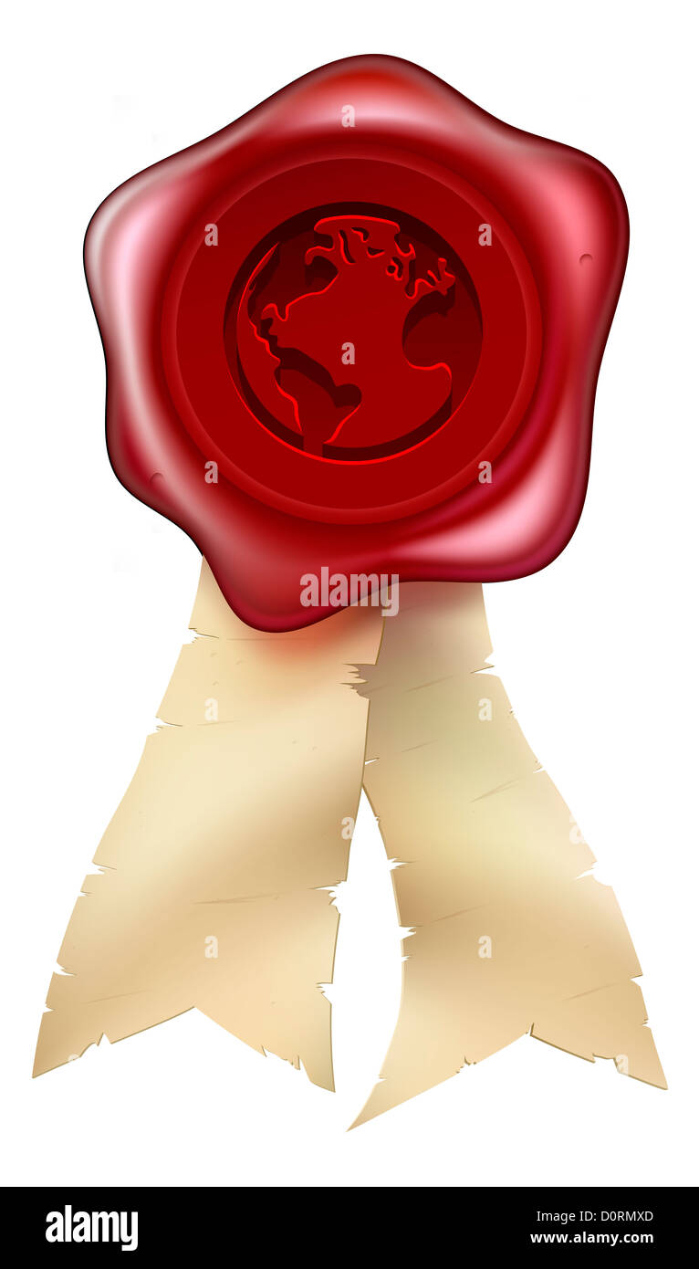 A red wax seal with world globe design and scroll ribbons Stock Photo