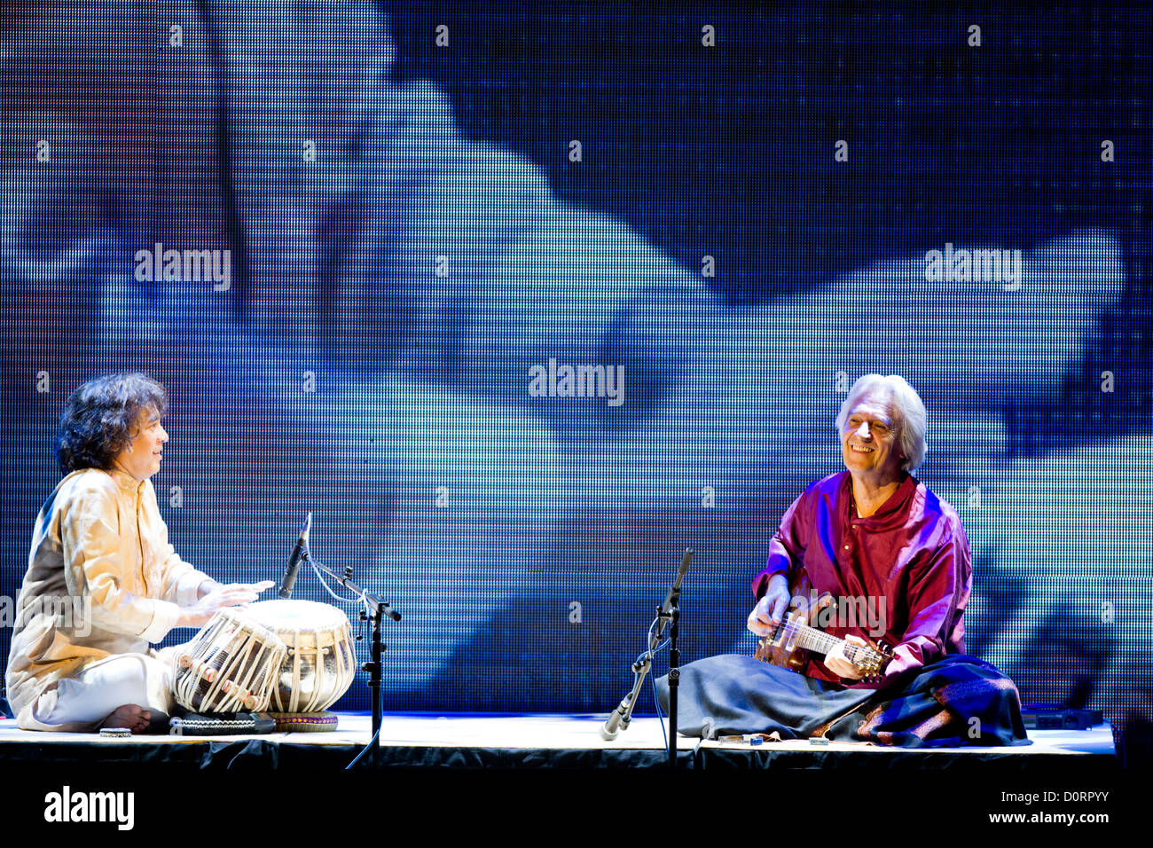 British guitarist John McLaughlin right musician Zakir Hussain perform during charitable fashion show Tereza Maxova Foundation Stock Photo