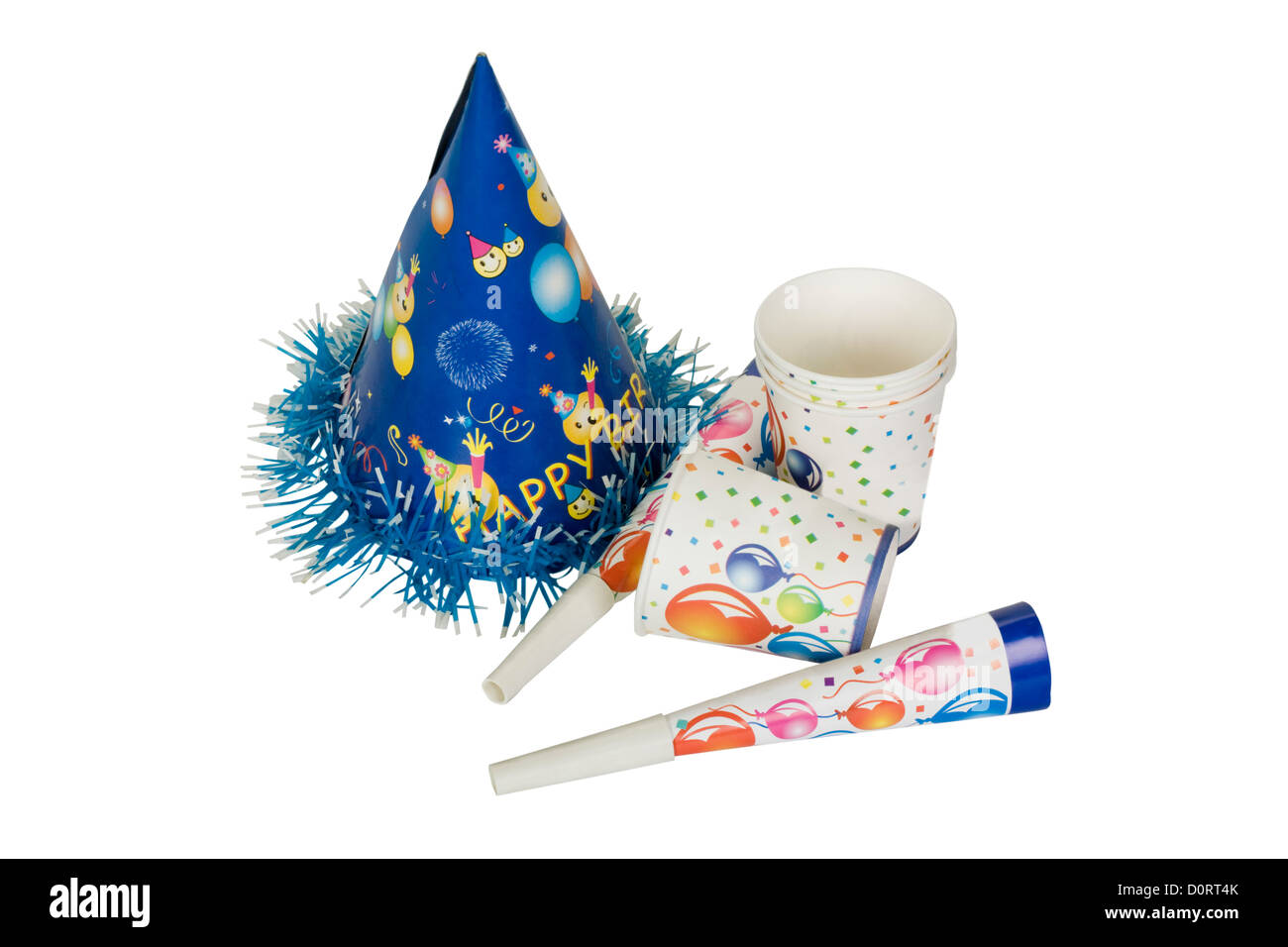 Disposable cups with party horn blowers and a party hat Stock Photo - Alamy