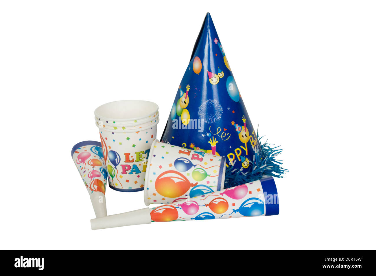 Disposable cups with party horn blowers and a party hat Stock Photo - Alamy