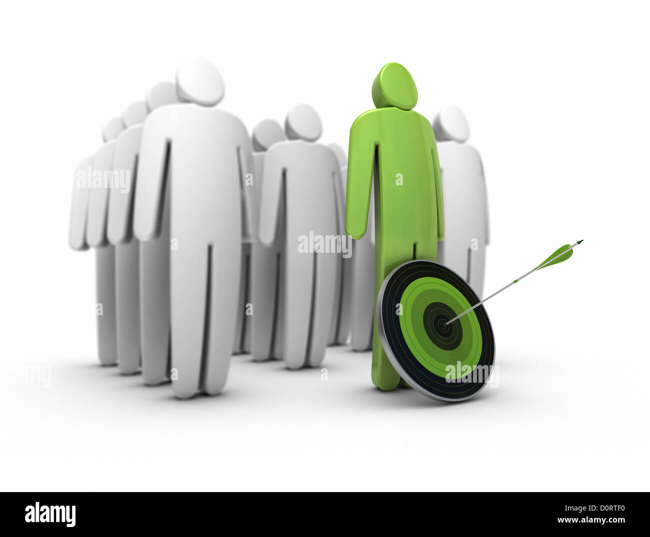 One green character with a target on one arrow hitting the center behin a crowd Stock Photo