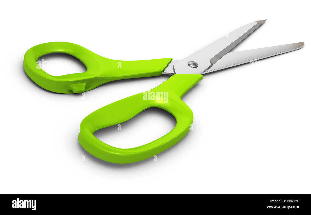 scissors with green plastic handles and sharp blades, 3d render Stock Photo