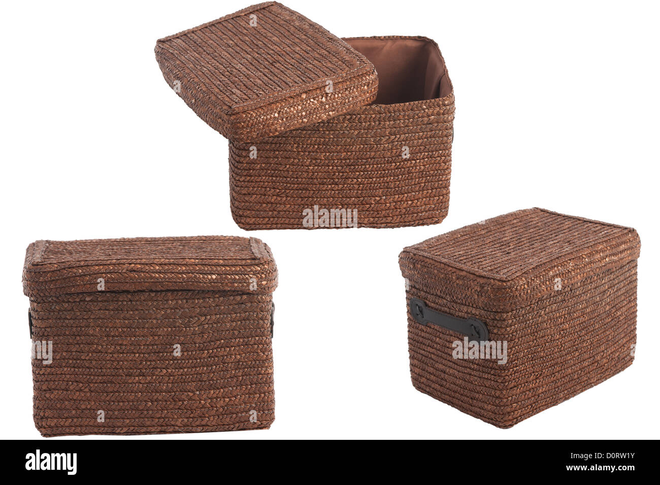 decorative brown wicker basket with lid isolated on white Stock Photo