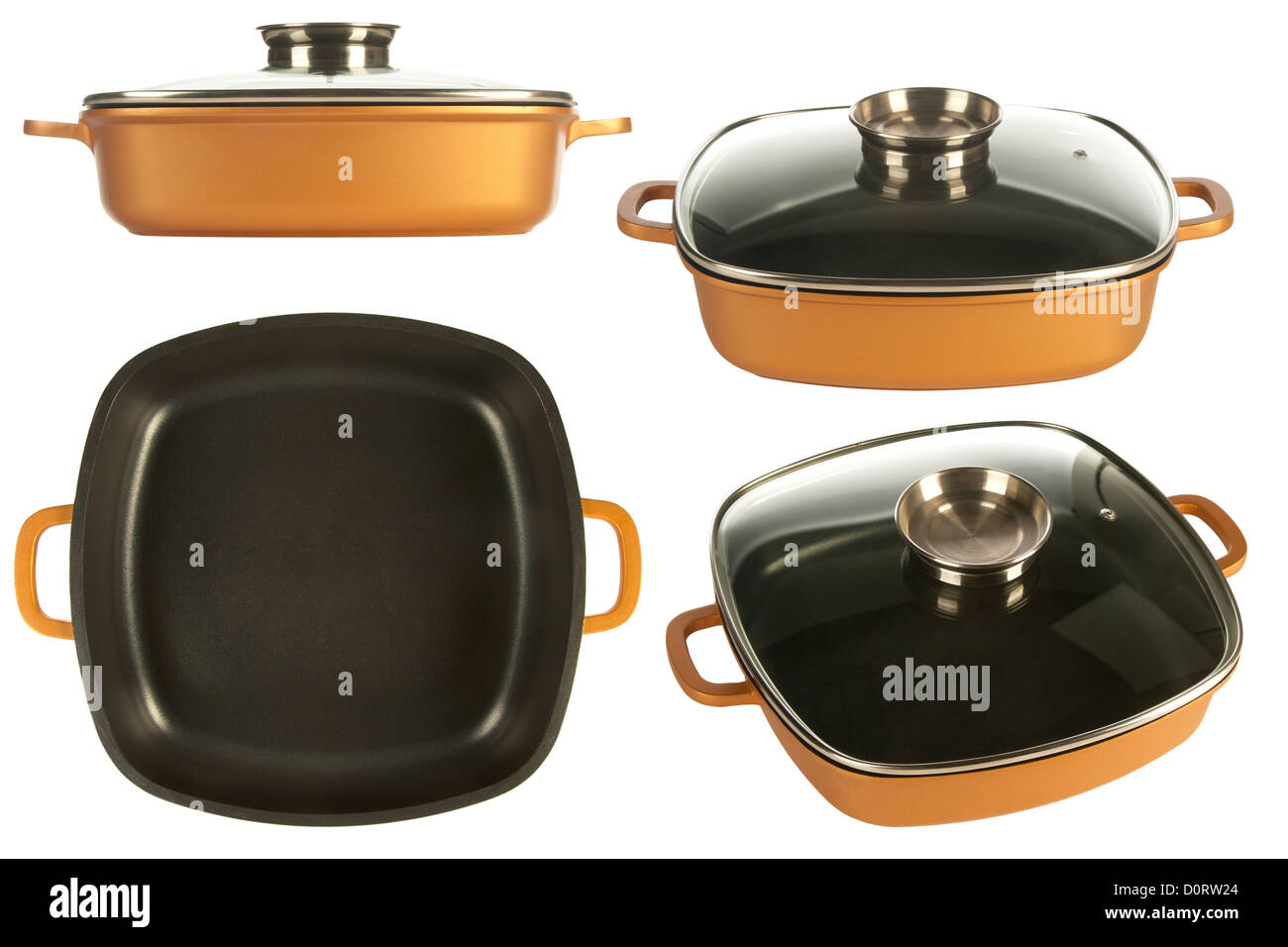 cookware, cast iron cooking pot, nonstick pan and glass lid isolated on