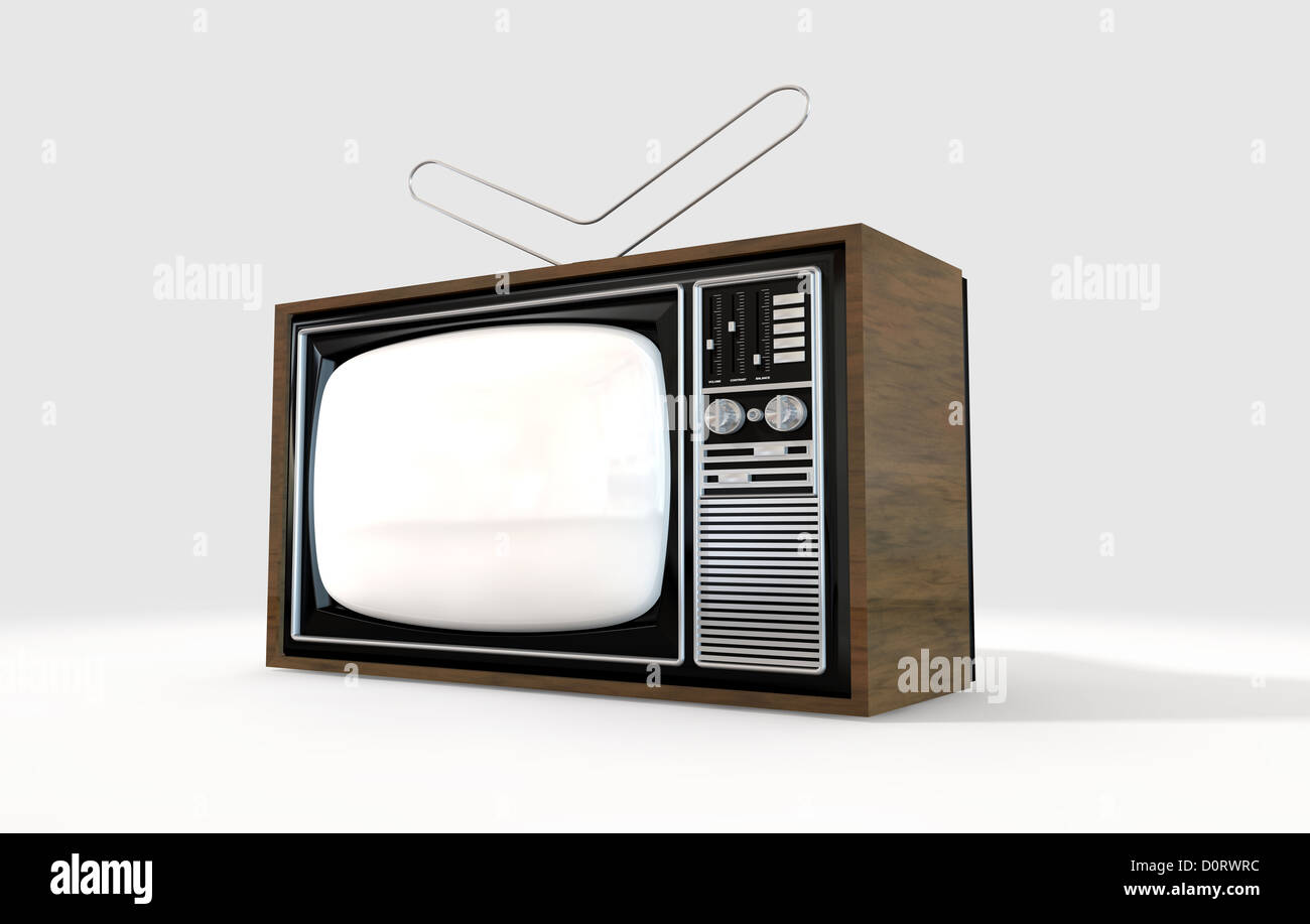 An old vintage tube television with wood trim and an antenna ontop