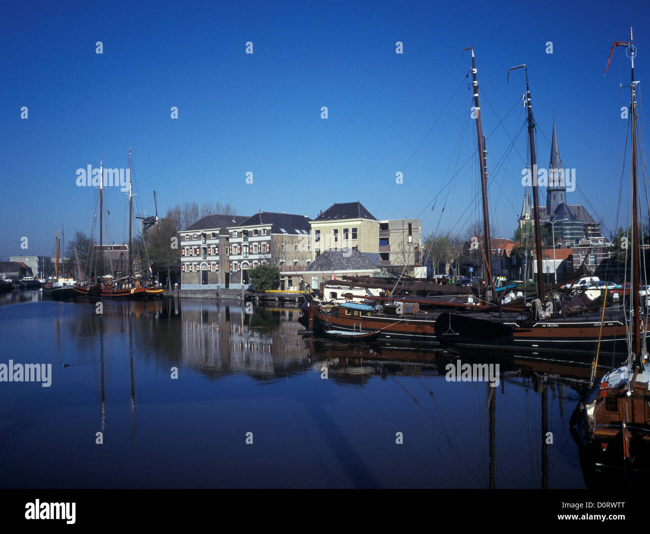 Netherlands, Gouda, the canal and waterfront houses and boats Stock