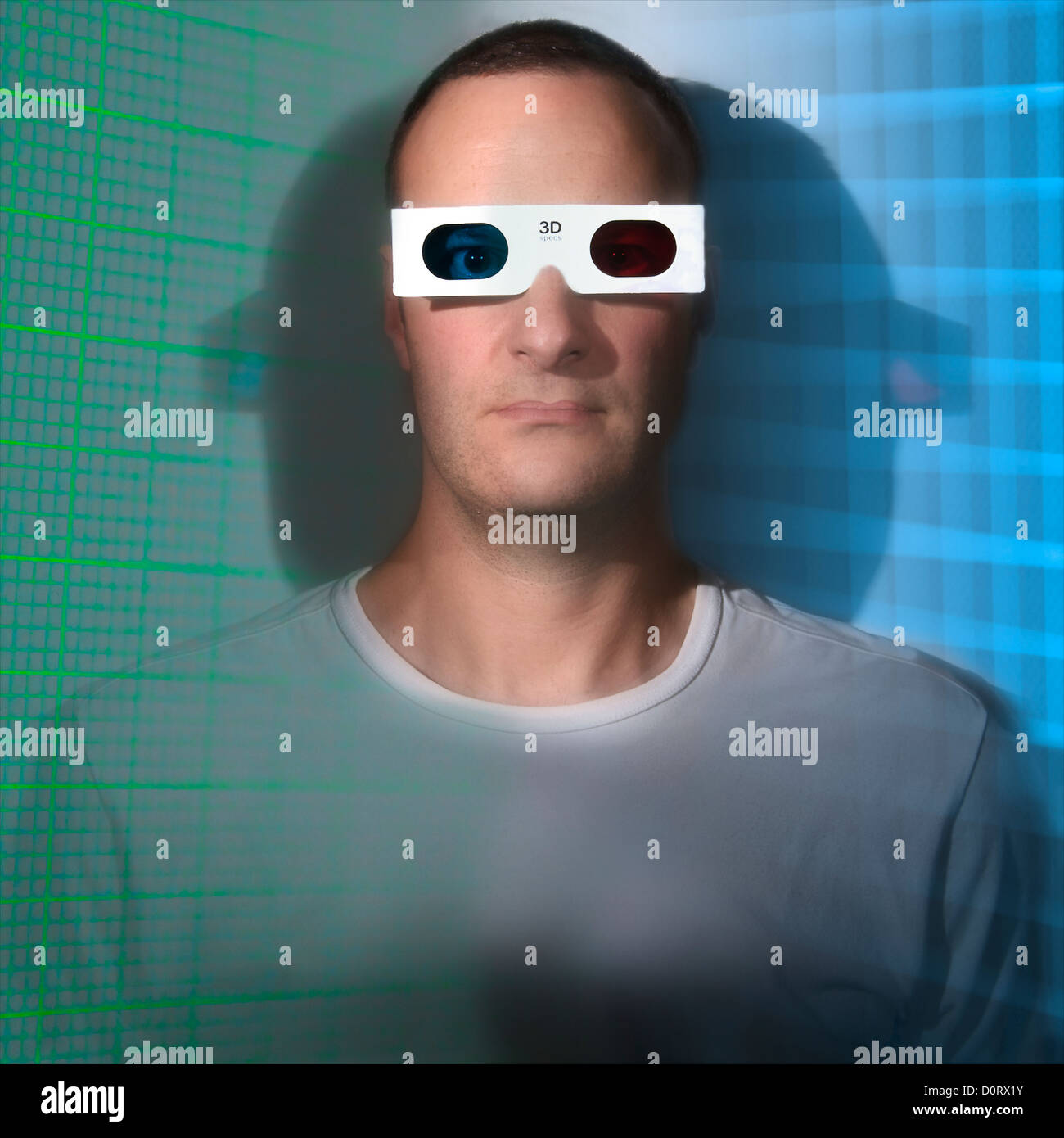 Man with 3D specs being absorbed by the vision Stock Photo