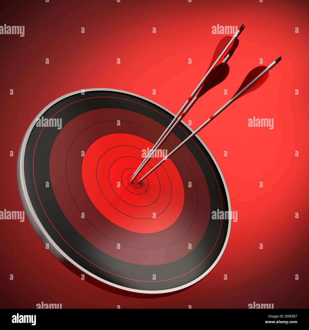 red target with three arrows hitting the bull's eye, red background with light effect, square