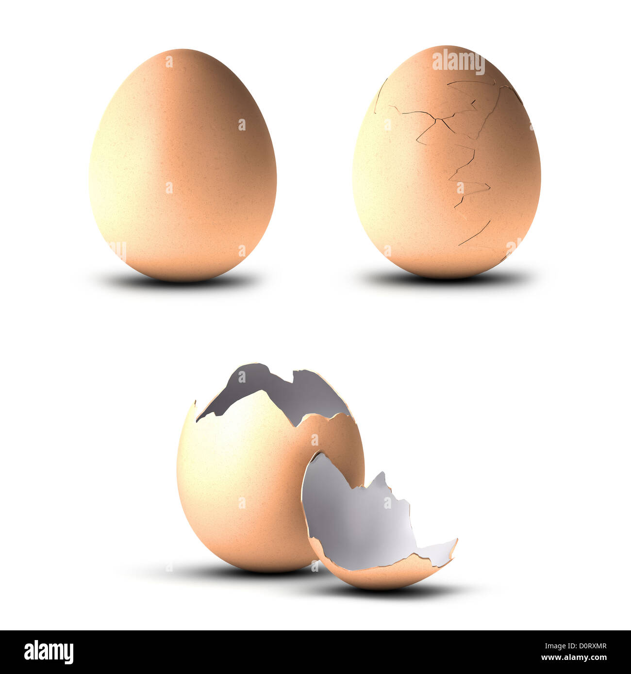 three eggs, one entire, another cracked and the last one open, illustration over white background Stock Photo