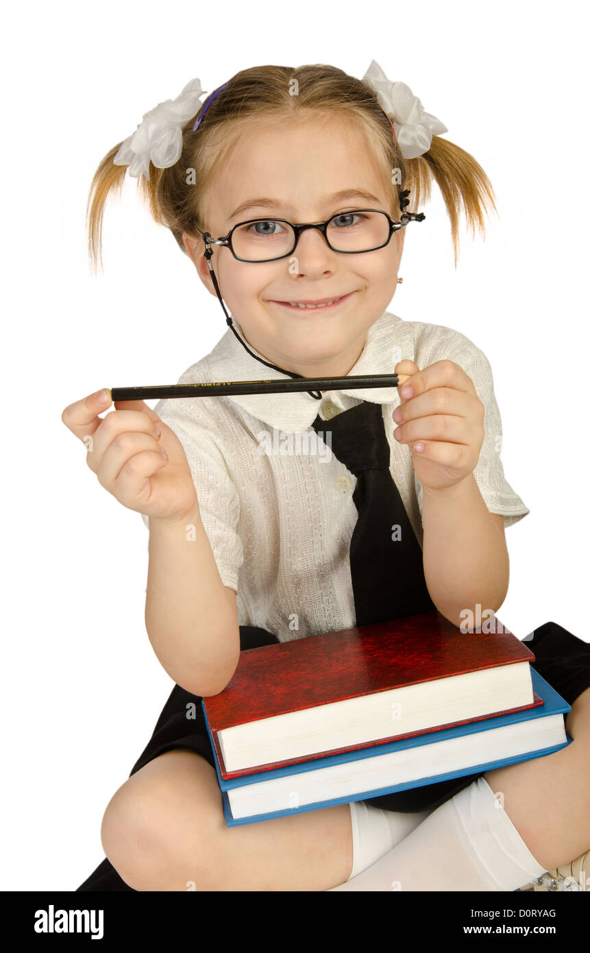 Little girl with books on white Stock Photo - Alamy