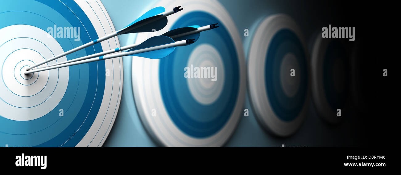 many blue targets and three arrows hitting the center of the first one, horizontal image, banner style Stock Photo