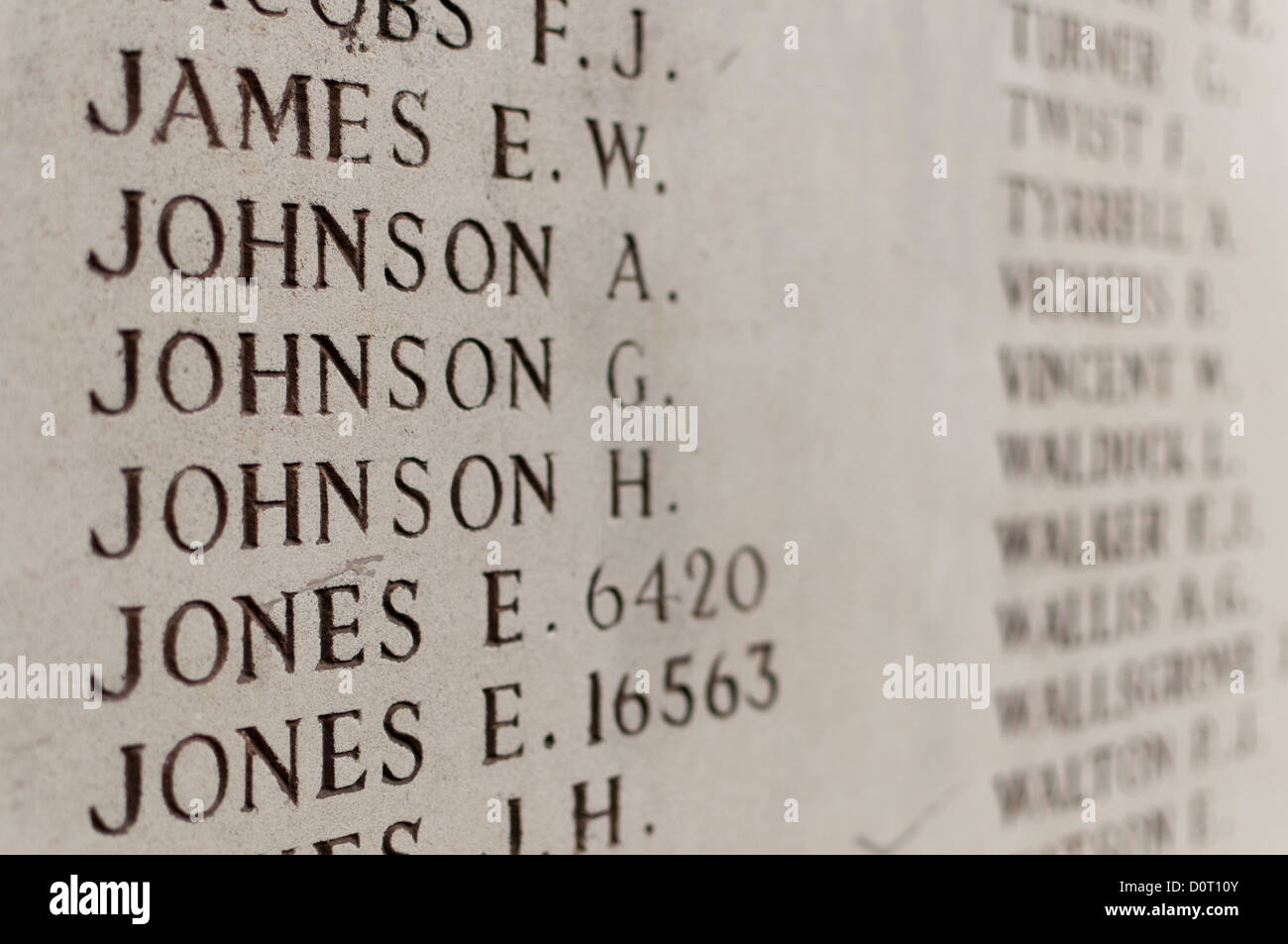 Names of soldiers killed or missing in the First World Wat listed on the memorial at the Menin Gate, Ypres, Belgium Stock Photo