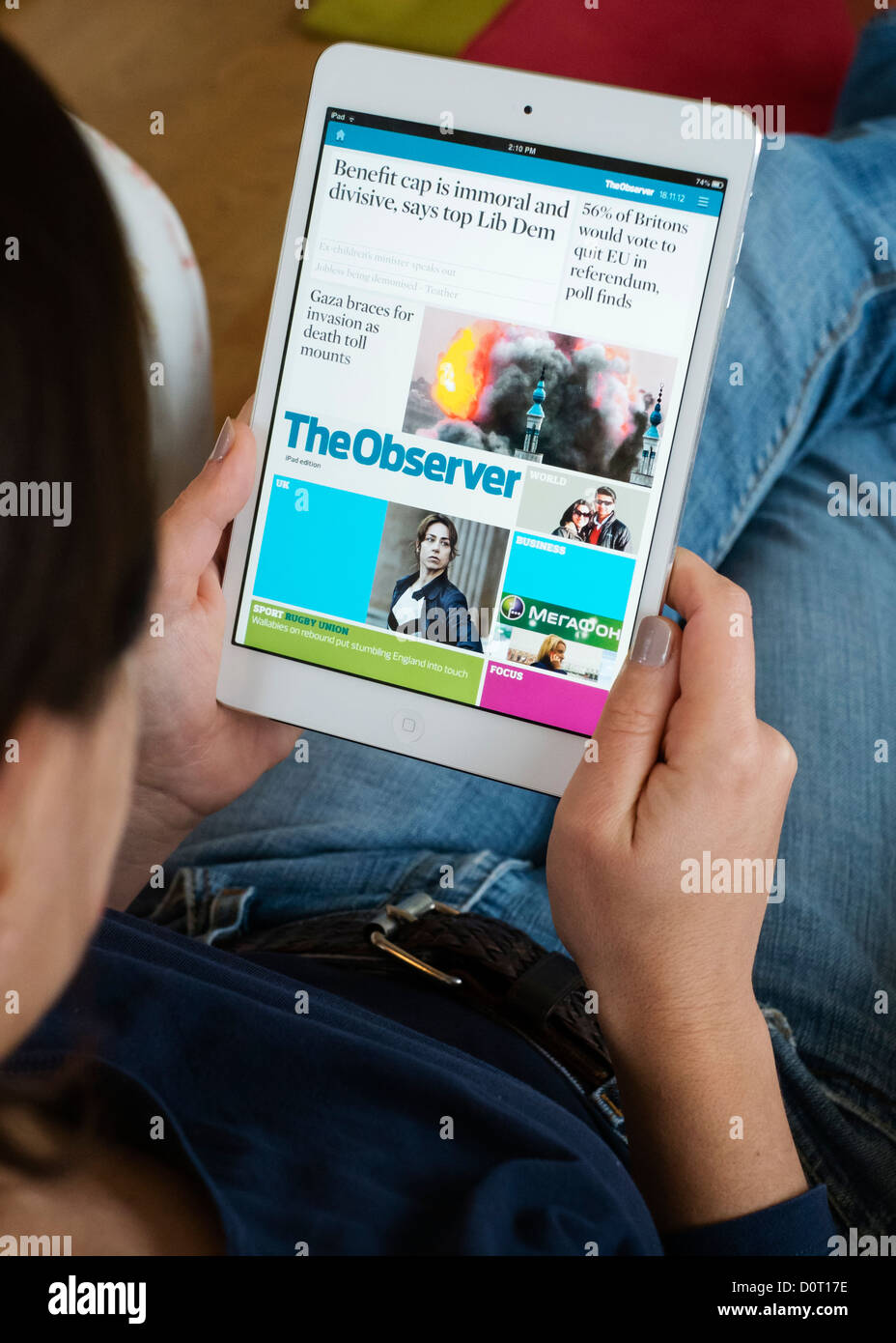 Woman using Kindle application of read digital edition of The  Observer newspaper  on an iPad mini tablet computer Stock Photo