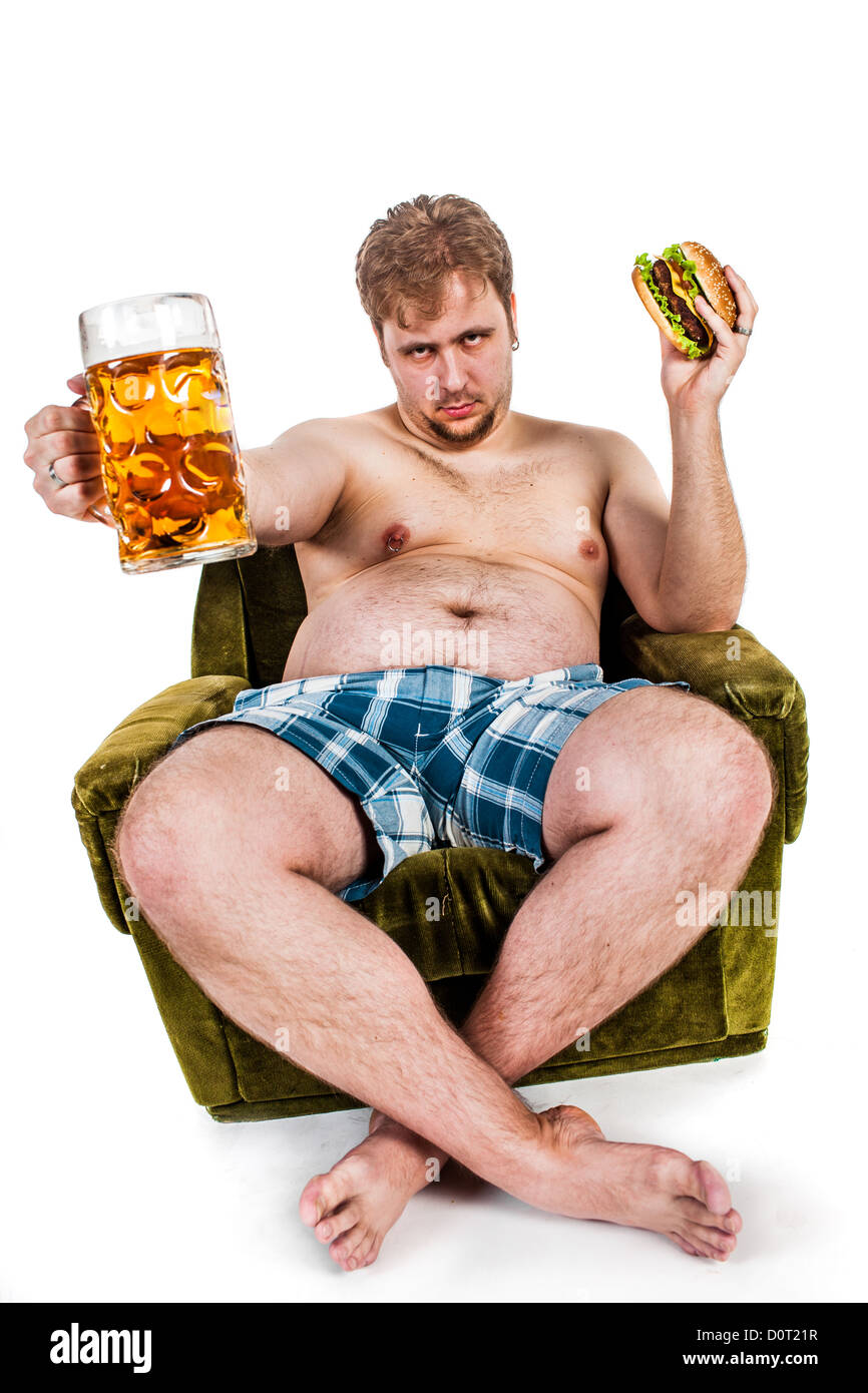 fat man eating hamburger Stock Photo