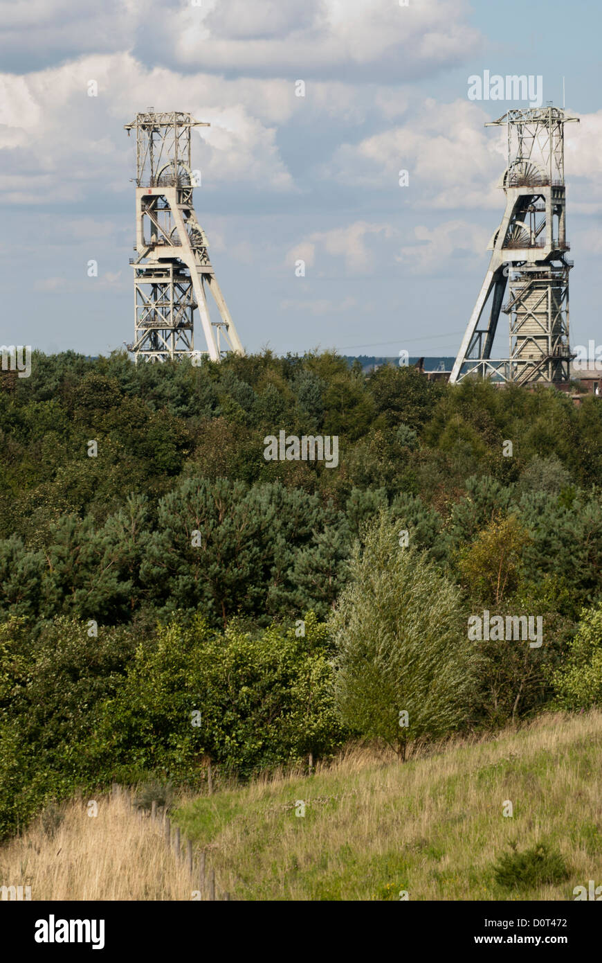 The view from Vicar Water Country Park looking out to Clipstone Colliery Headstocks, Clipstone, Nottinghamshire, UK. Stock Photo