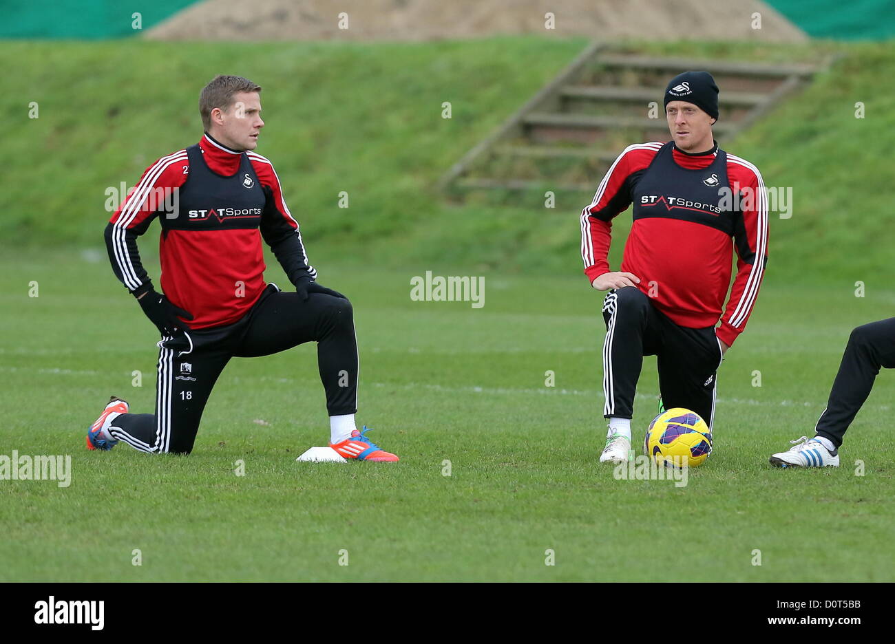 Wales, UK. Friday, 30 November 2012  Pictured L-R: Mark Gower and Garry Monk.   Re: Swansea City FC, training at the Llandarcy training ground in south Wales. Stock Photo