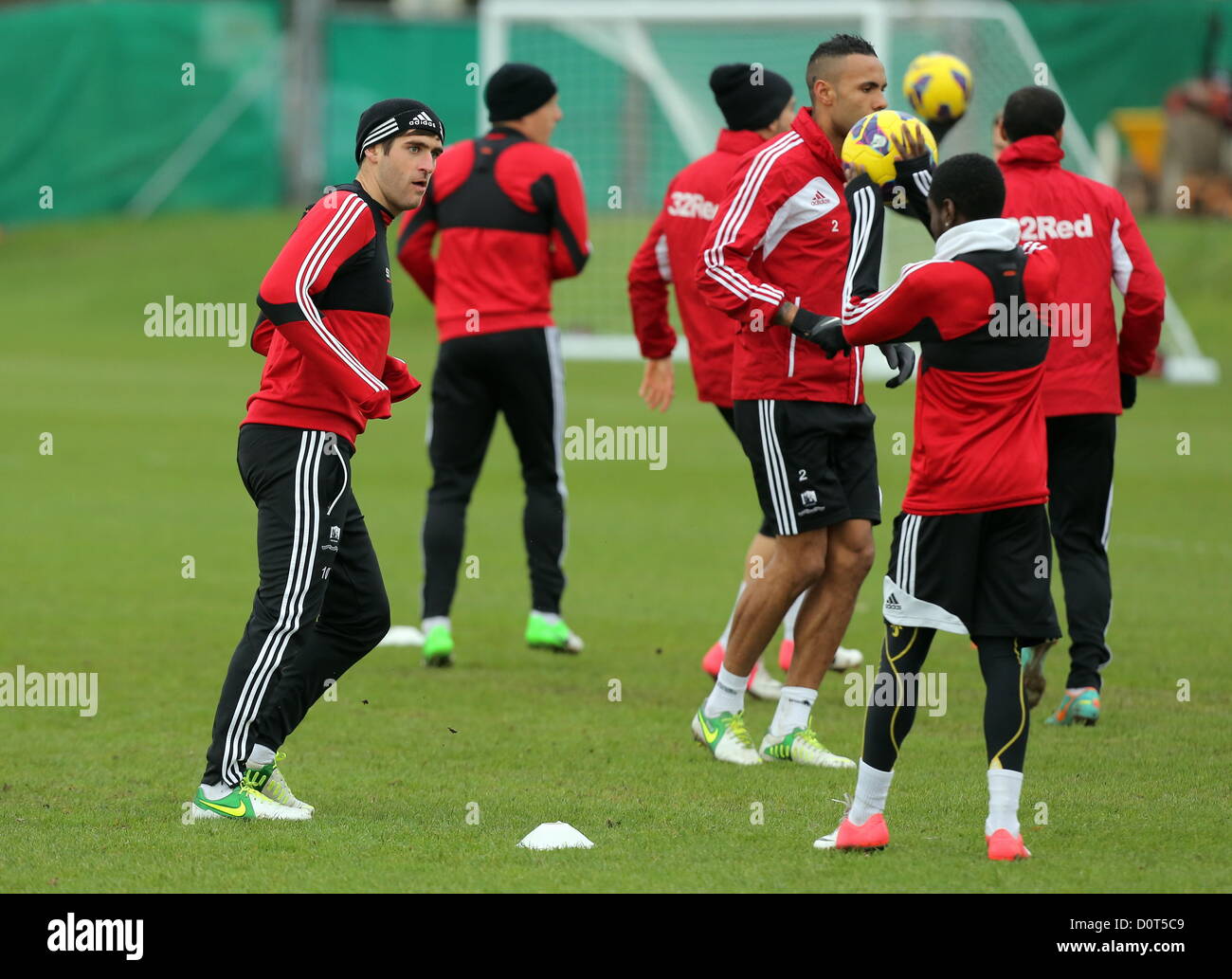 Wales, UK. Friday, 30 November 2012  Pictured L-R: Danny Graham and Nathan Dyer   Re: Swansea City FC, training at the Llandarcy training ground in south Wales. Stock Photo
