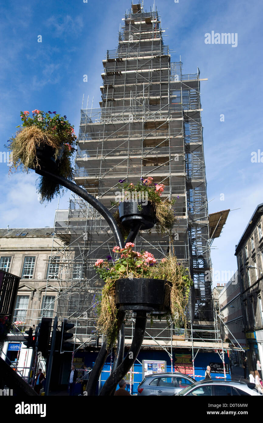 Scaffolding encloses the 1791 Town Steeple of Inverness, Scotland