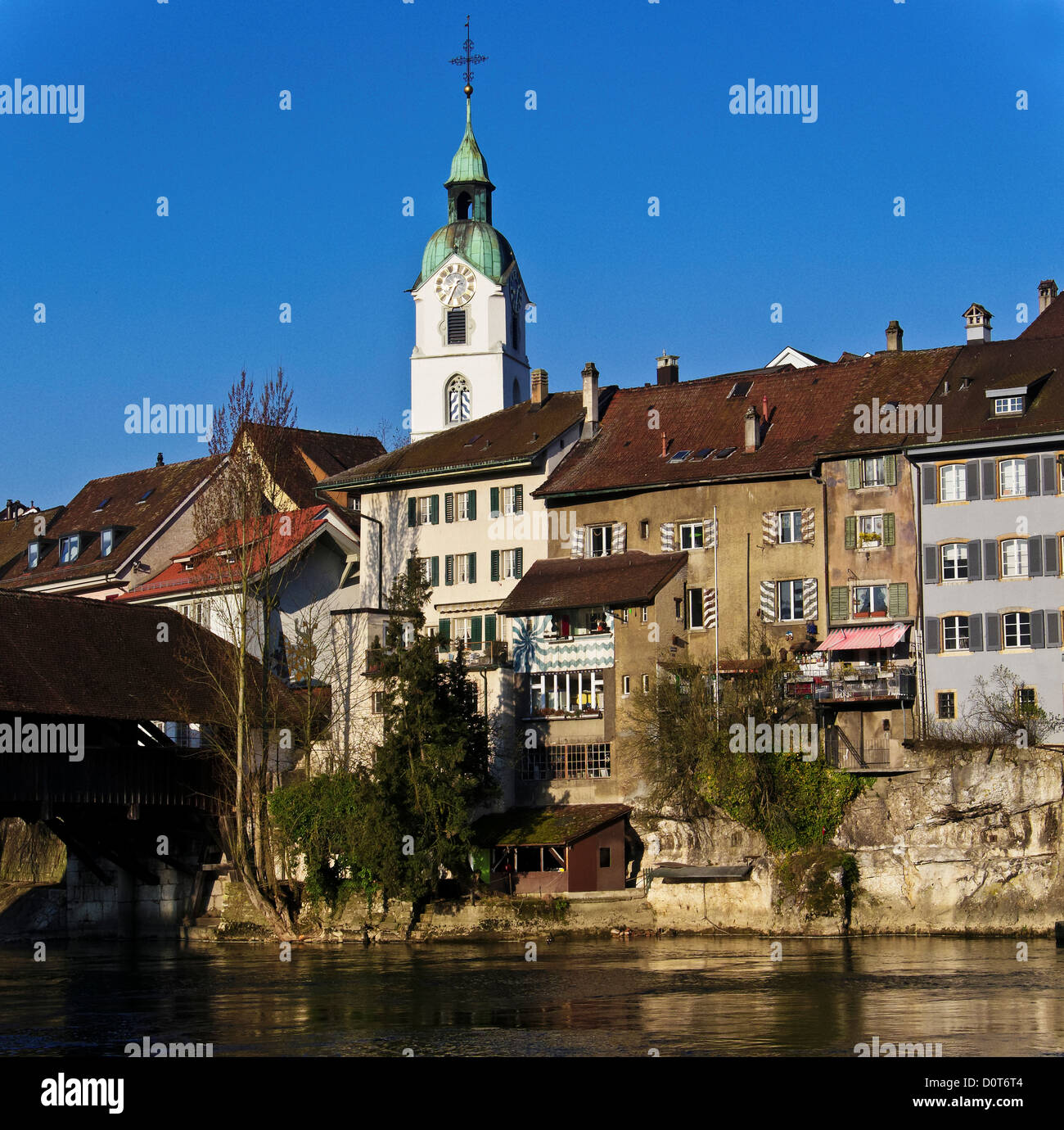 Aare, Old Town, river, houses, homes, canton Solothurn, steeple, Olten, Switzerland, town, city, Stock Photo