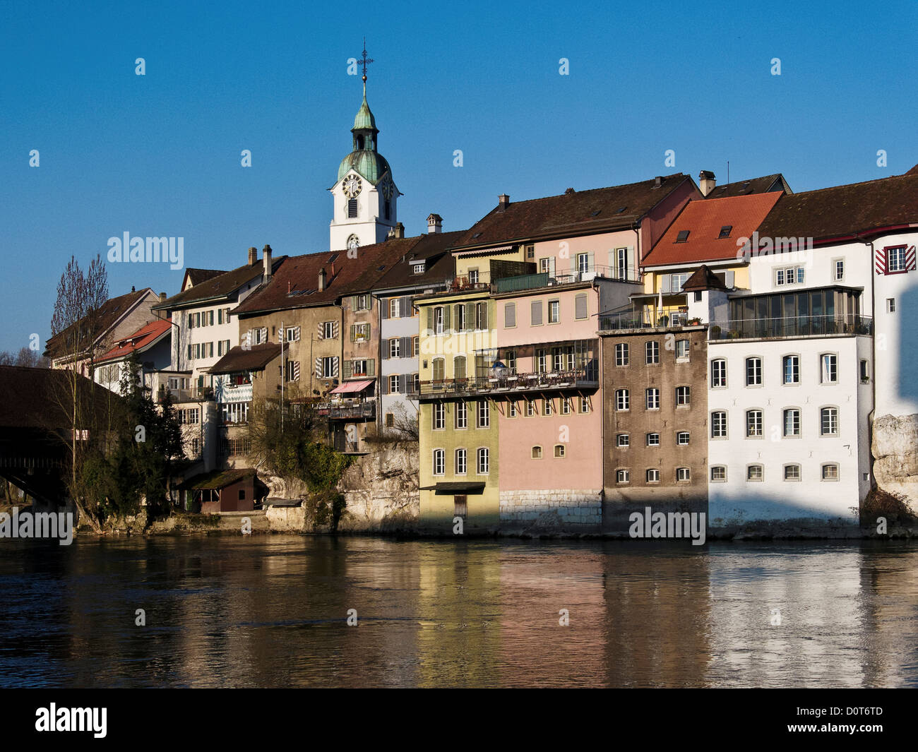 Aare, Old Town, river, houses, homes, canton Solothurn, steeple, Olten, Switzerland, town, city, Stock Photo