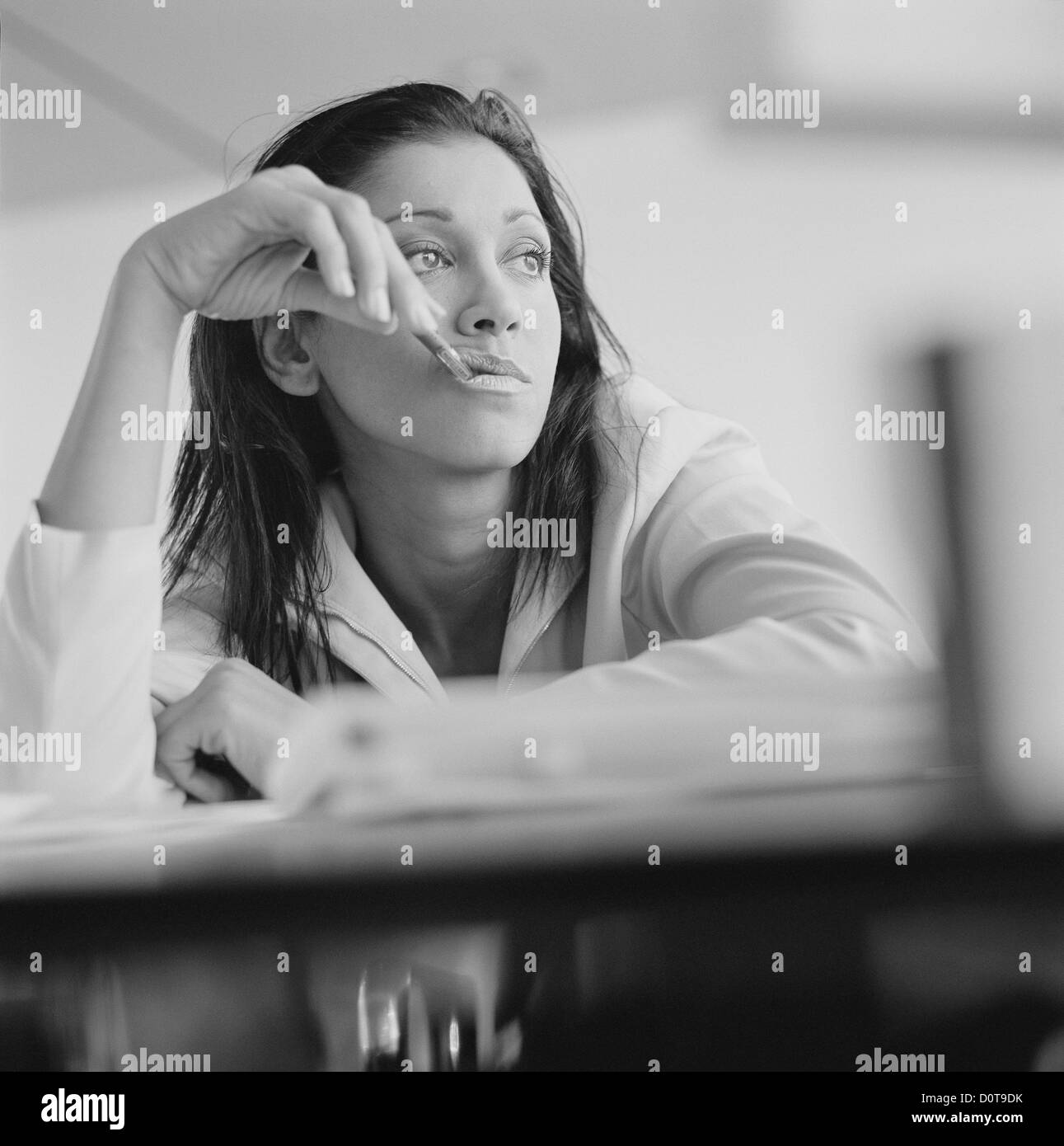 black and white business frustration stress businesswoman stressed License free except ads and billboards Stock Photo