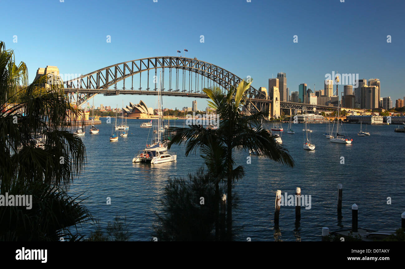 Lavender Bay, Sydney opuses House, Harbour bridge, opera, opera-house, bridge, harbour, port, water, blue sky, sun, highlight, p Stock Photo