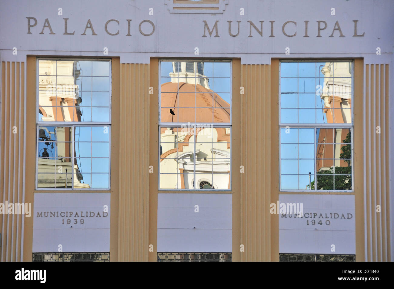 Palacio Municipal, San Pedro Sula, Central America, Honduras, Reflection, facade, windows, Palace Stock Photo