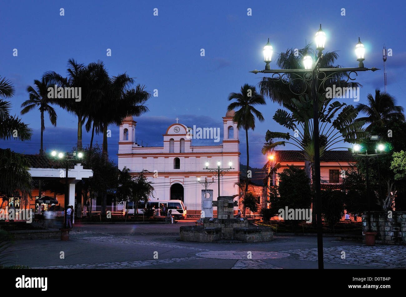 Iglesia Catoliga, Copan, church, city, Central America, Honduras, night, place Stock Photo